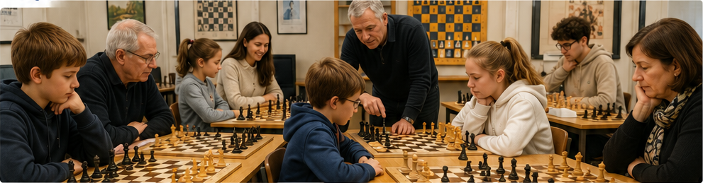 Un cours d’échecs réunissant enfants, adolescents, adultes et seniors, femmes et hommes